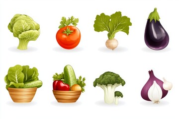 Diversos vegetales frescos en estilo caricatura sobre fondo blanco para un proyecto colorido