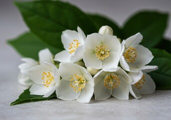 Fototapeta premium Macro photography of white jasmine flowers with delicate petals and green leaves in floral arrangement