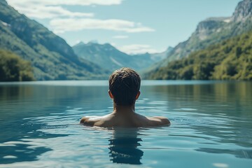 Fototapeta premium Swimmer enjoying a serene lake surrounded by majestic mountains on a clear, sunny day