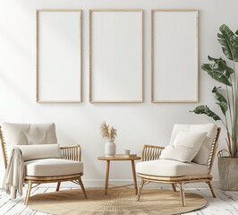 Modern Living Room with Three Black Frame Wall Art Mockups