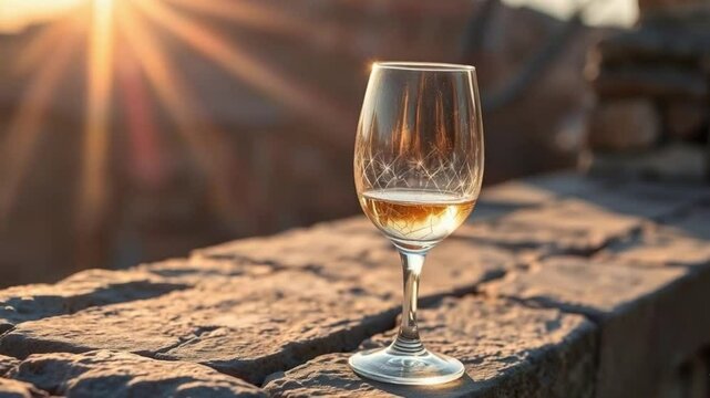 Elegant wine glass filled with shimmering golden liquid resting on a rustic stone ledge, bathed in warm sunset light and surrounded by natural outdoor tranquility