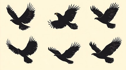 Fototapeta premium Black silhouette images of various raptors soaring across the sky