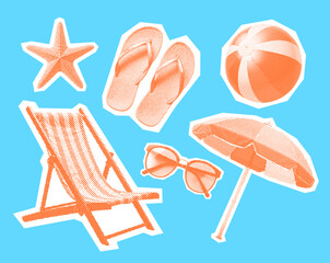 beach set, deckchair, slippers, sunglasses, starfish, umbrella, beach ball, retro halftone effect, vintage photocopy summer collection