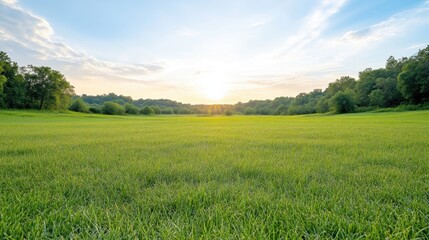 Fototapeta premium Vast grassy field at sunset, lush green expanse under a vibrant sky