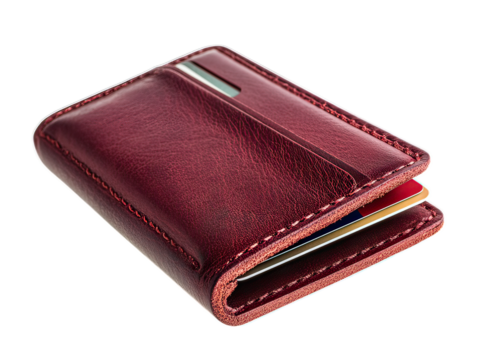 Leather card holder in burgundy with multiple card slots visible, one credit card partially inserted on white background - Powered by Adobe