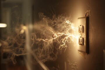 Sparks of electricity emanating from a wall outlet, a damaged electrical socket with smoke and sparks; concept for electrical safety, energy crisis, power outage, and short circuit