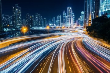 Fototapeta premium Construcción futurista con robots en un paisaje urbano iluminado por la noche