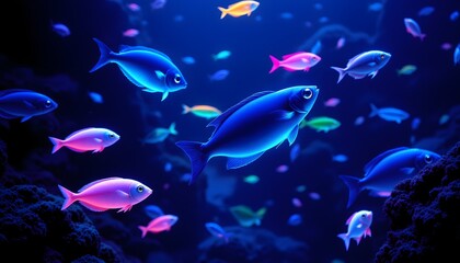 Obraz premium The vibrant neon colors of the bioluminescent fish illuminate the dark depths of the deep blue sea, creating a mesmerizing display of underwater beauty.