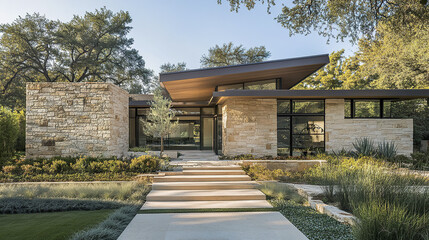 Modern house with stone facade and angular roof surrounded by lush greenery