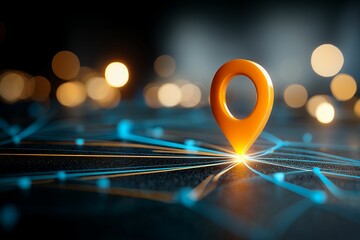 Glowing orange location pin on dark blue network, concept for navigation, GPS, tracking, and location based services