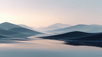 Abstract Digital Landscape with Soft Flowing Lines and Color Gradients in Blue and Pink Tones, Symmetrical Harmony.