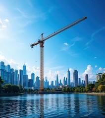 Obraz premium A majestic crane stands gracefully on the calm water, its reflection shimmering beneath the soft sunlight. In the background, modern buildings rise, showcasing a blend of glass and steel architecture.