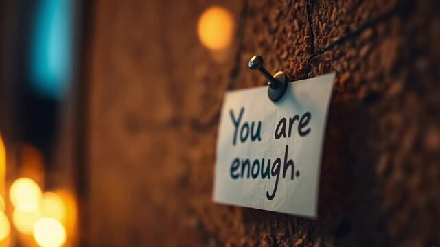 Inspirational note with the empowering message "You are enough" pinned to a textured corkboard in a warm ambient space, emphasizing positivity and self-affirmation