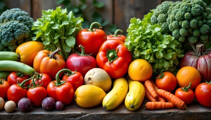 A vibrant array of colorful fruits and vegetables, picked straight from the garden and displayed on a weathered wooden table, exuding freshness and vitality.