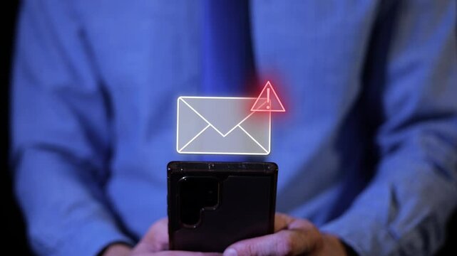Animation of phishing email message received in inbox smartphone hacked business man working in office
