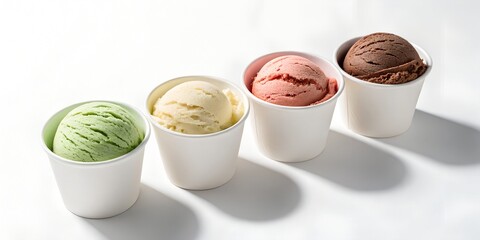 A row of four paper cups containing different flavors of ice cream on a white surface with shadows