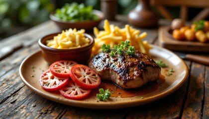 Fototapeta premium The homemade meat lunch is expertly prepared with fresh, high quality ingredients and is beautifully presented on a rustic wooden table, evoking a gourmet dining experience.