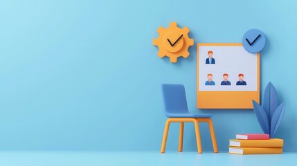 Colorful Office Workspace with Chair, Photos, Gear, and Books