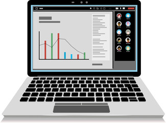 Laptop with a graph application and a online team meeting. Simplified flat style. 