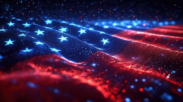  Digital American flag in metaverse, user avatar reaches glowing stars swirl in 3D, light-particle flag flows in surreal code world, immersive patriotism scene
