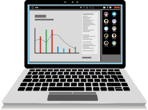 Laptop with a graph application and a online team meeting. Simplified flat style. 
