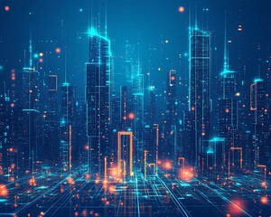 Fototapeta premium Futuristic digital city skyline with glowing circuits and networks everywhere