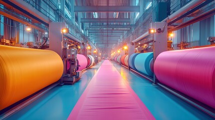 Fototapeta premium Textile production line with vivid fabric rolls, hot pinks and electric blues glide through machines, guided by rollers, touchscreen panels enhance sleek process