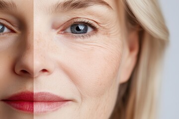 Fototapeta premium A close-up portrait showcasing the juxtaposition of youth and age emphasizes the beauty of time and natural aging, inviting contemplation on the passage of life.
