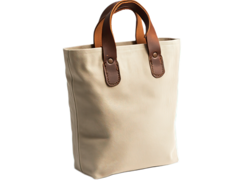 Canvas tote bag with leather handles, positioned upright showing interior capacity and front pocket on white background