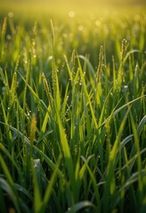 A lush green field of grass glistens with morning dew, each blade sparkling under the soft sunlight. The scene evokes a sense of tranquility and freshness in nature.