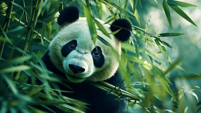 Panda chews bamboo in a bamboo thicket