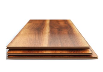 Stack of wooden floor panels on white background.