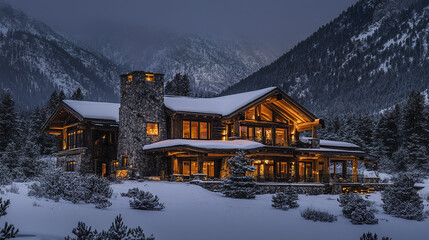 Mountain lodge with wooden beams and stone chimney in snowy landscape