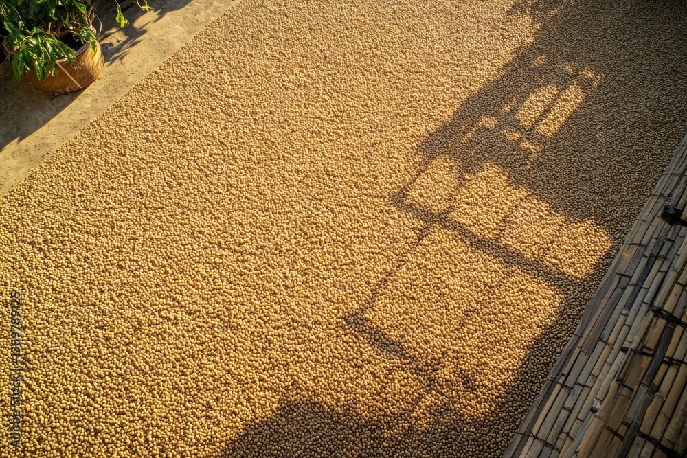 Poster Golden coffee beans drying on a large patio under soft sunlight, creating intricate geometric patterns