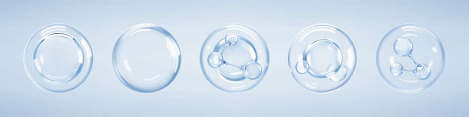 Molecules inside bubbles on blue background. Collagen serum bubble. Cosmetic essence. Hyaluronic acid. Concept skin care cosmetics solution. Vector 3d illustration
