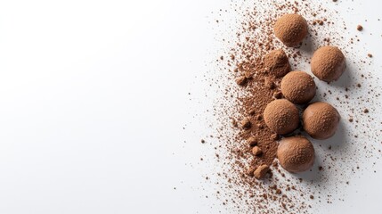 Chocolate truffles and cocoa powder arranged artistically on a white background for an appealing dessert presentation