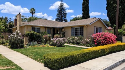 Daylight photo of a compact one-story home with beige siding and blooming shrubs around it