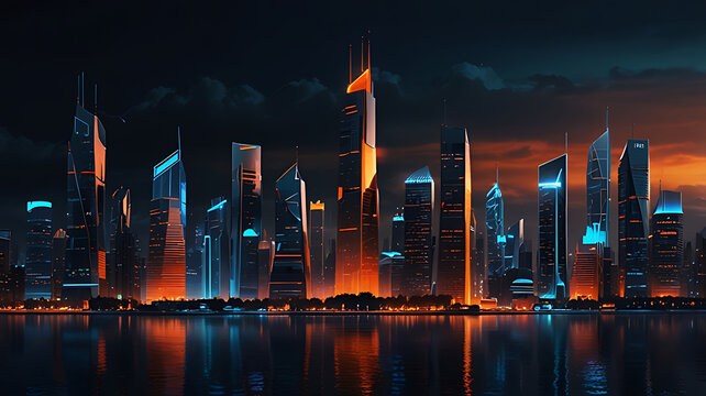 Futuristic city skyline at dusk, featuring illuminated skyscrapers