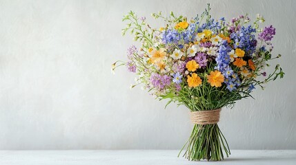  Spring flower bouquet tied with twine on white, forget-me-nots, lilacs, branches arranged loosely, scattered petals evoke rustic and gentle charm