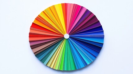 Obraz premium Glossy plastic color wheel on white background, bright hues arranged radially with labeled segments, clean reflection shows polished and professional style