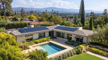 Eco-friendly flat roof home with solar panels, large windows, and landscaped garden