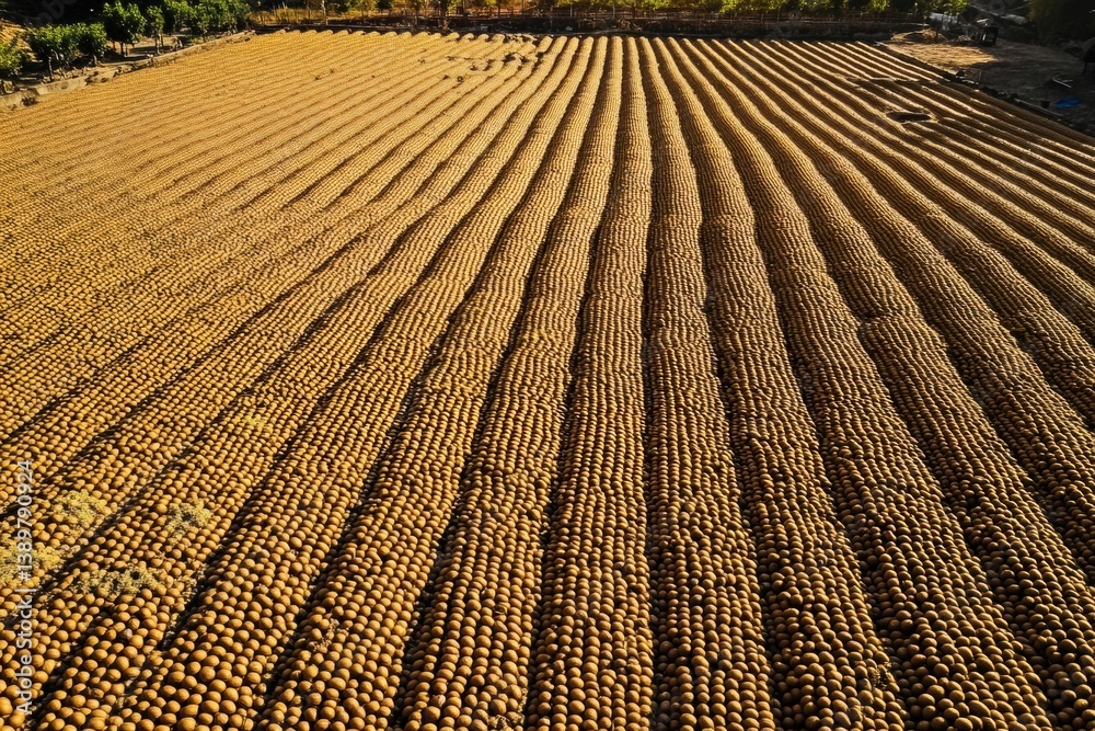 Poster golden coffee beans drying on expansive patio under soft sunlight in a geometric pattern