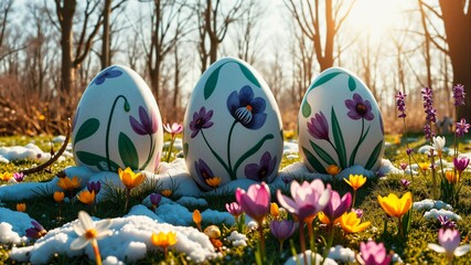 Brightly colored Easter eggs shine on the green lawn in the sunshine, shimmering in iridescent patterns