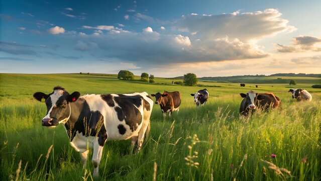 A group of cows grazing in a lush green field under a partly cloudy sky at golden hour sunlight