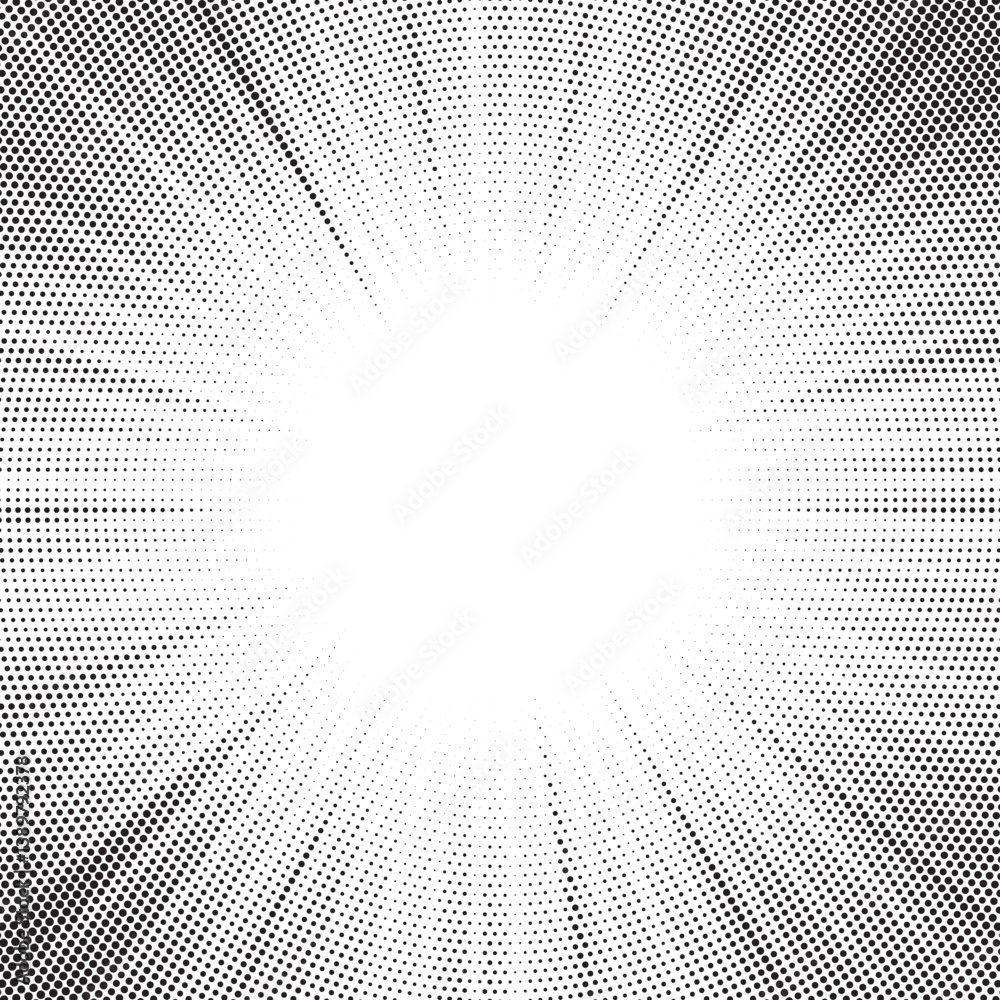 Poster Halftone gradient sun rays pattern. abstract halftone vector dots background. monochrome dots pattern. pop art, comic small dots. star rays halftone poster. shine, explosion. sunrise rays background.
