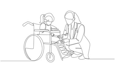 Continuous one line drawing of doctor holding splinted leg of girl in wheelchair, examining pediatric patient concept, single line art