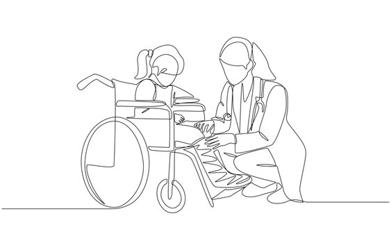 doctor helping child in wheelchair, line art clip art preview