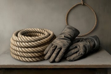 Fototapeta premium Worn Leather Gloves and Coiled Rope Still Life