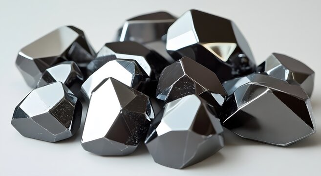 Shiny hematite stones in close-up view on neutral background