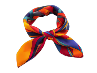 Designer silk twilly scarf in colorful geometric pattern, tied in bow shape on white background